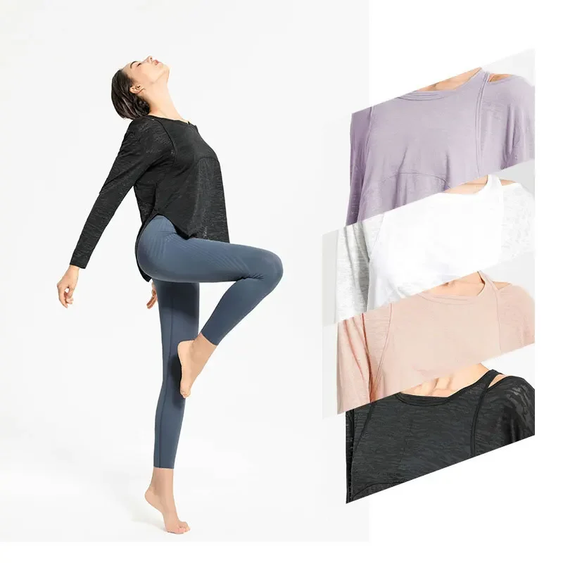 Long Sleeve Yoga Shirts for Women Loose Sports Tee Crop Top Sportswear Gym Fitness Wear Workout