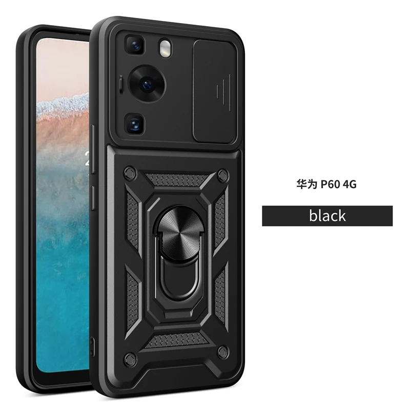 Armor Shockproof Magnetic Ring Stand Holder Case with Slide Camera Lens Cover