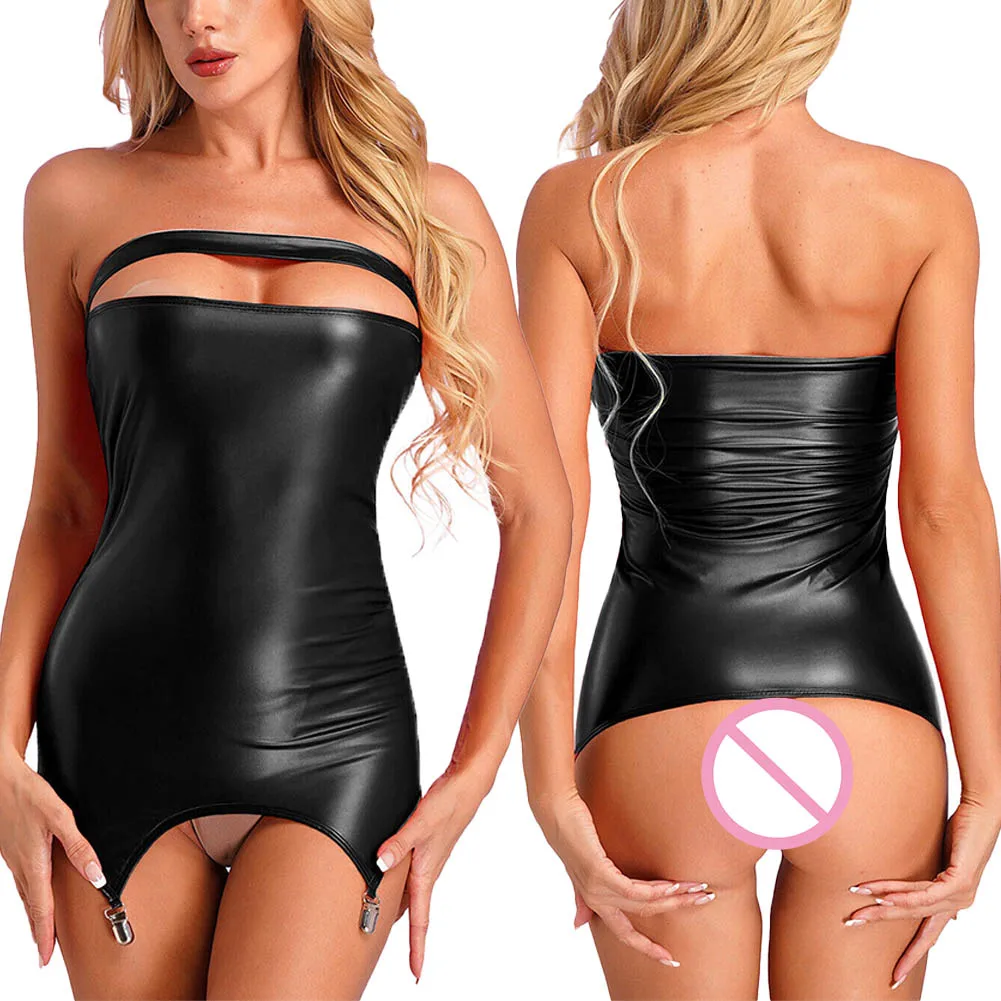 

Sexy Women Faux Leather Nightdress Wet Look Bodycon Dresses Garter Shiny Nightwear Open Crotch Underwear Solid Erotic Lingerie