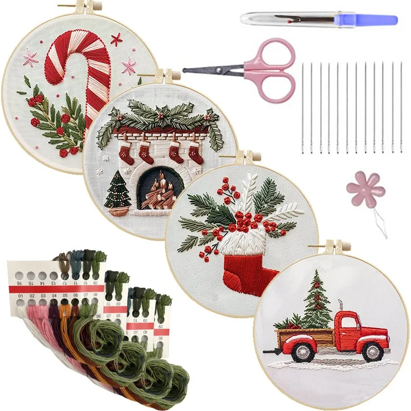DIY Christmas Embroidery Kit Hand Embroidery Starter Stitch Kits Sewing Craft Stamped Gifts for Adults Kid Beginner