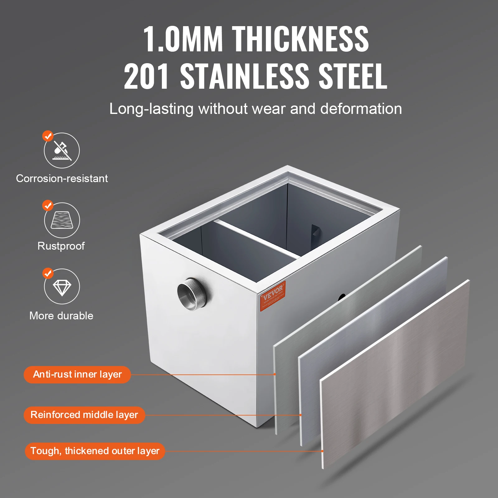 VEVOR 8/40LBS Commercial Grease Trap Grease Interceptor Side Inlet Interceptor Under Sink Stainless Steel Trap 2.8 GPM