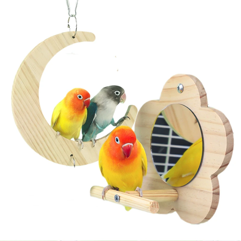 Bird Mirror Wooden Interactive Play Toy With Perch For Small Parrot Budgies Parakeet Cockatiel Conure Lovebird Cage Accessories parrot toy bird toy bird perch stand