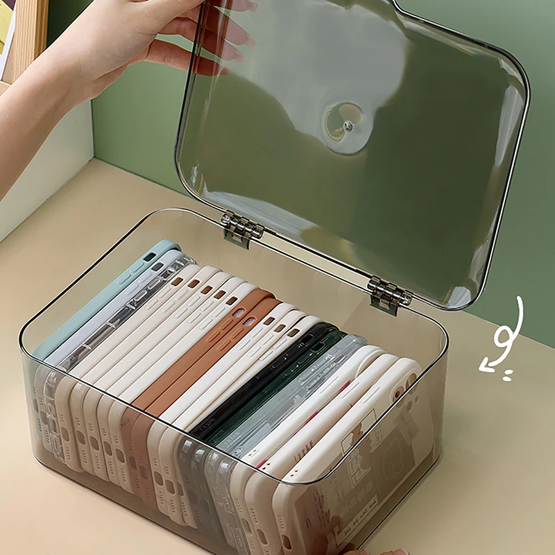 

Acrylic Sundries Storage Basket Phone Case Holder Ins Transparent Phone Case Organizer Storage Box with Cover Home Desktop