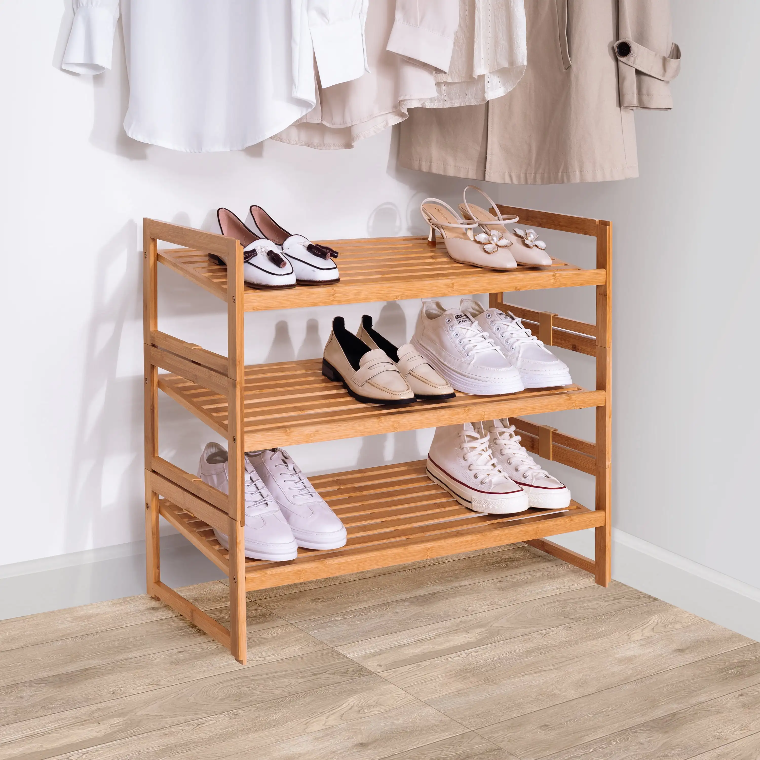 Bamboo 3 Tier Shoe Rack for 9 Pairs Shoe, 28.66 IN Wx 13.18 IN Dx 23.8 H