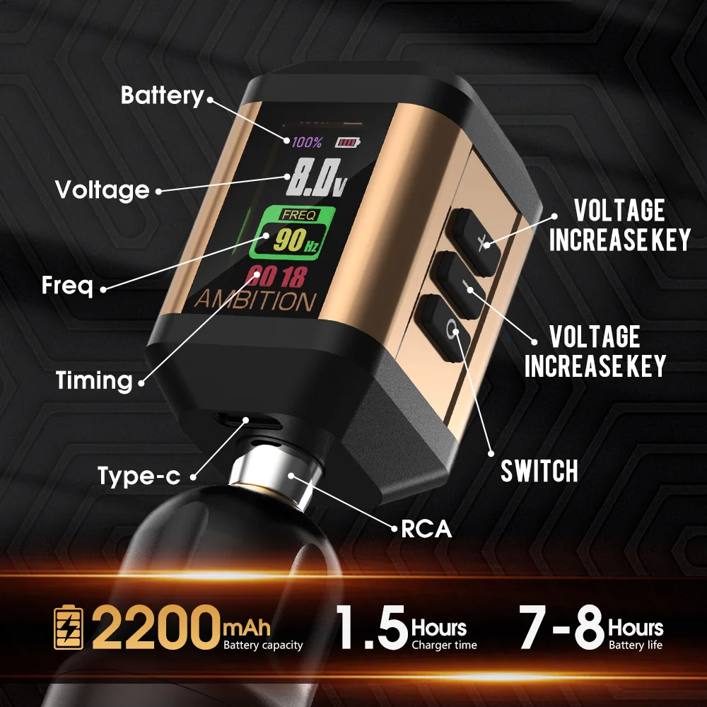 Ambition Korall Wireless Tattoo Battery 2200mAh Power Supply 2A RCA Interface for Rotary Tattoo Machine Type-C Cable fast charge tattoo power supply tattoo battery pack