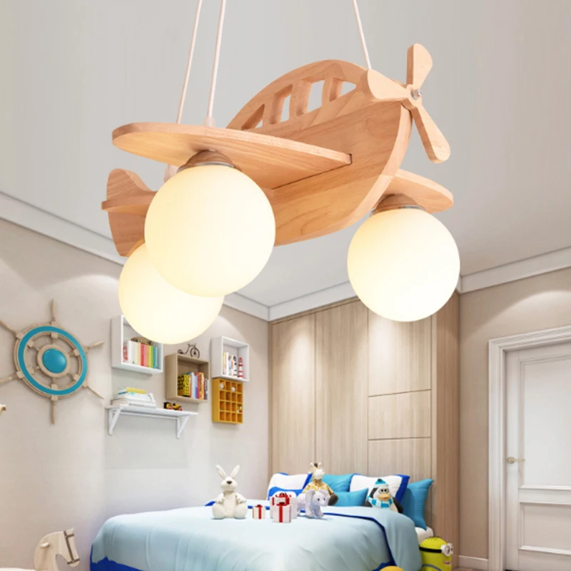 

Wooden Airplane Chandelier for Children's Room Boy's Restaurant Creative Cartoon Modern Bedroom Kindergarten Hanging Lights