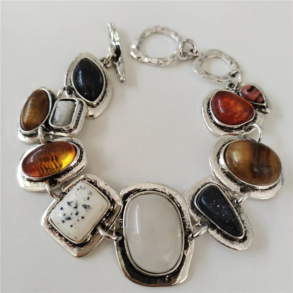 2024-New-ZA-Boho-Ethnic-Resin-Statement-Bracelets-Women-Indian-Vintage-Silver-Plated-Metal-Link-Charm