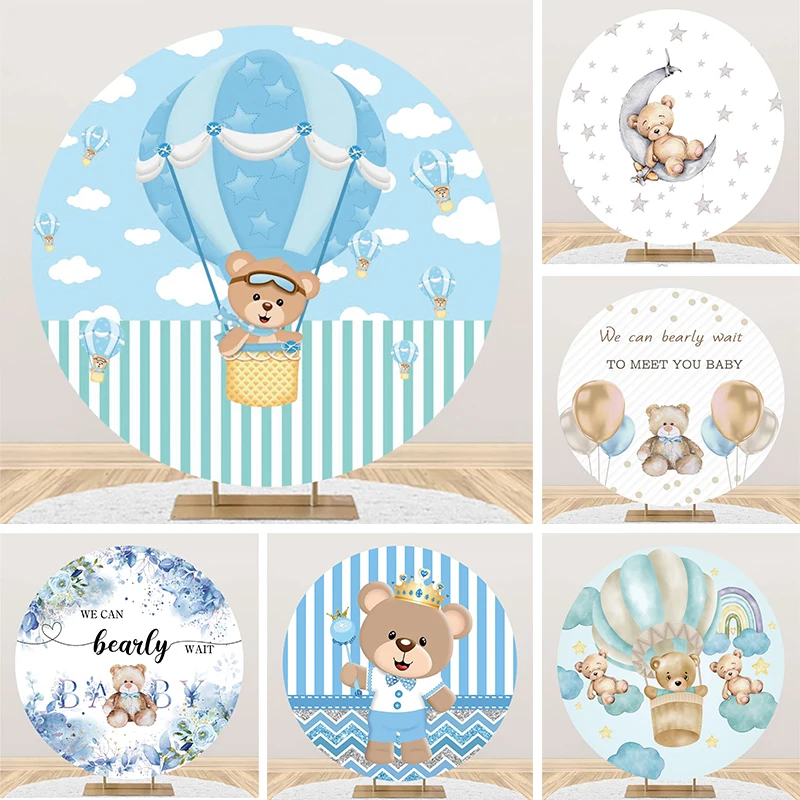 

Hot Air Balloon Baby Shower Round Backdrop Cover Teddy Bear Blue Sky Cloud Decor Newborn Boy Photography Background Studio Props