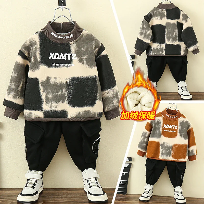 

Autumn Winter Children Clothing Set Fashion Boys Thicken Fleece Sweater and Pants 2Pcs Outfit Kids Toddler Warm Costume Suit