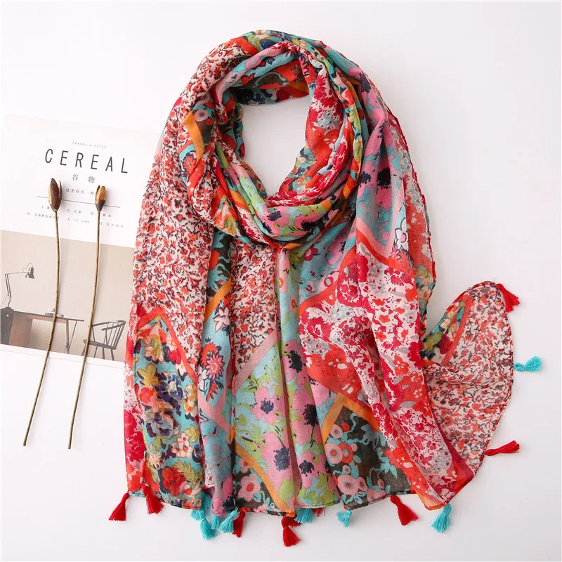 

Fashion Printed Cotton Viscose Hijiab Scarf Women Floral Shawl Bohemian Lady Long Tassel Versatile Bandana Scarves Wrap