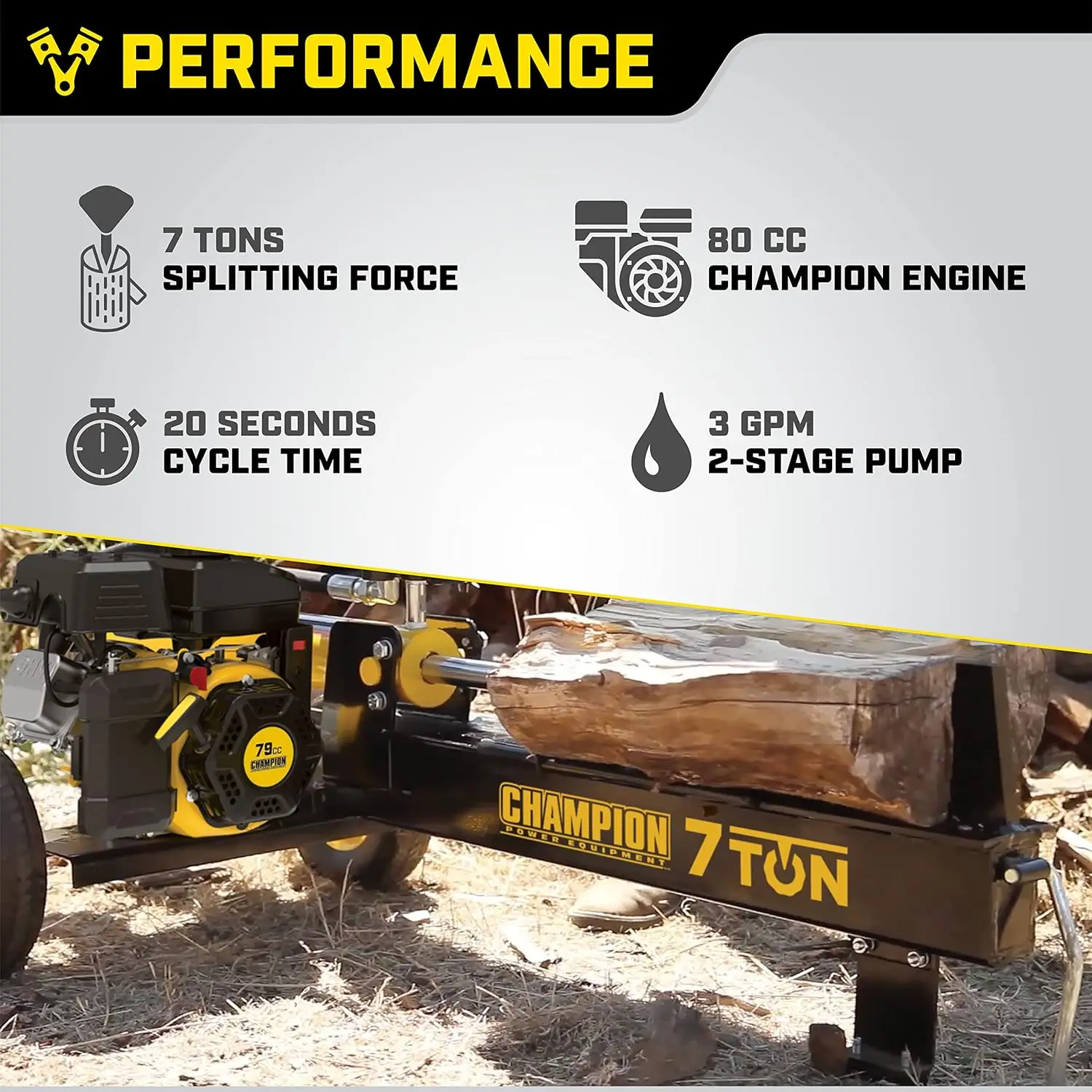 7-Ton Compact Horizontal Gas Log Splitter with Auto Return The Skewed Wedge Improves Splitting Efficiency