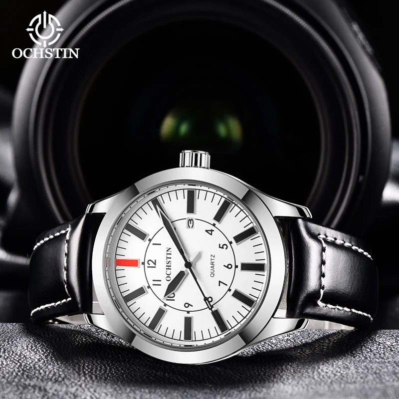 OCHSTIN Mens Watches Top Luxury Brand Waterproof Sport Wrist Watch Chronograph Quartz Military Genuine Leather Relogio Masculino