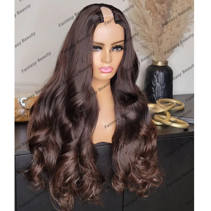 Chestnut Brown Loose Wavy Long 100% Remy Human Hair 1x4 U Part Wigs for Black Women Glueless Middle V Part Wigs Adjustable