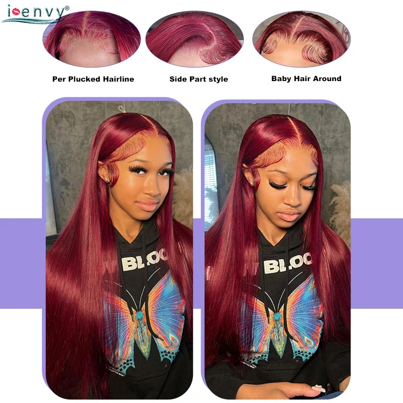 버건디 13X6 HD 레이스 프론탈 인모 가발 스트레이트 가발 13X4 레이스 프론트 가발 여성용 99J 레드 컬러 13X6 레이스 프론트 가발