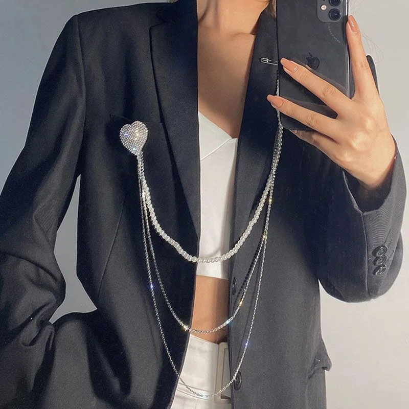 여성용 긴 체인 술 진주 펜던트 브로치, 상감 라인석 장식, 커플 파티 쥬얼리 선물 