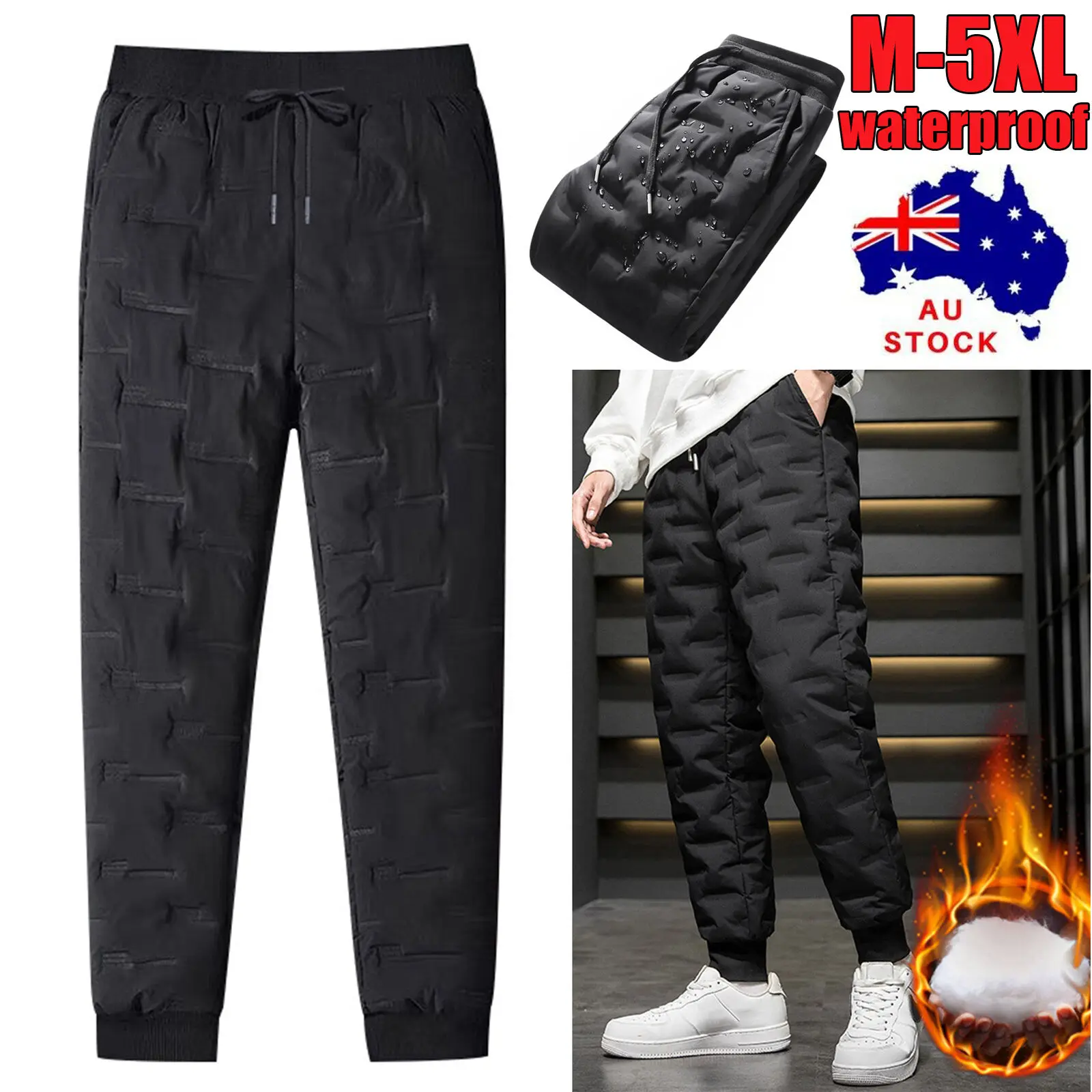 Men Thicken Waterproof Warm Fleece Lined Casual Sport Pants Joggers Trousers Casual Cotton-padded Solid Lace-up Pant  M-5XL