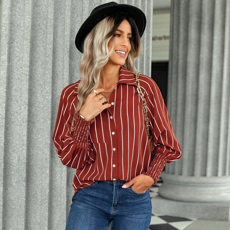 

Ladies Long Sleeves Blouse Fashion Stripe T-shirt All-matching Casual Shirt Chic Lapel Neck Button Down Blouse for Daily