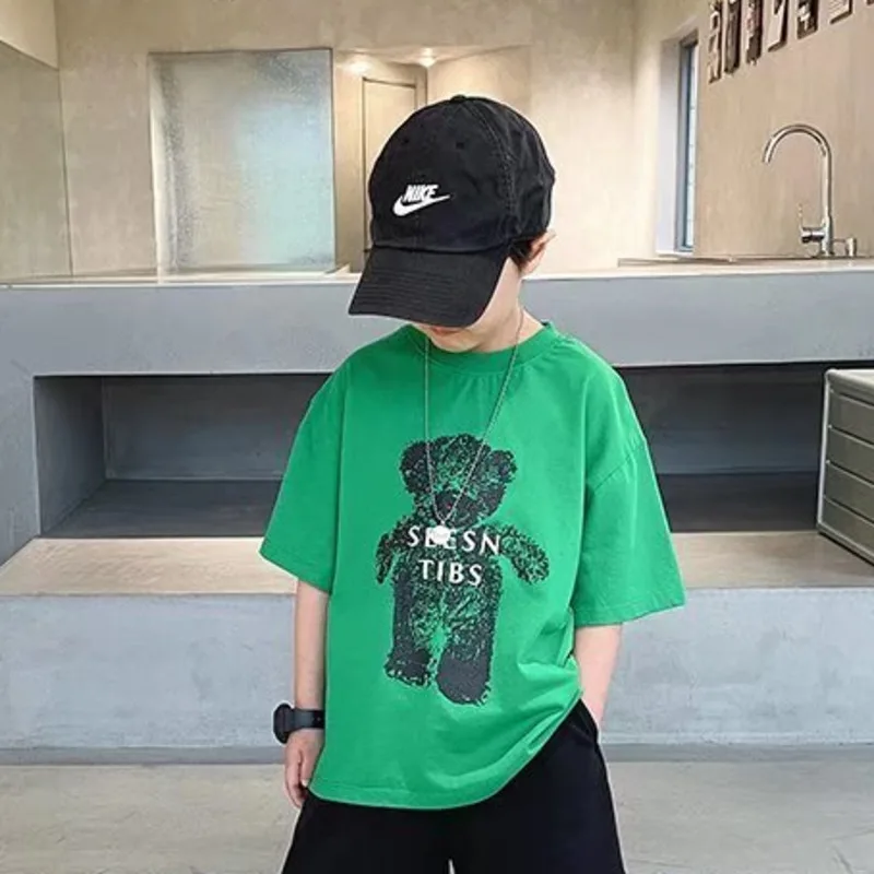 

Middle School Children Summer Cotton Tide Boy Cute Baby Clothes Print Leisure Short Tshirt Top Infant Outfit 7-14age