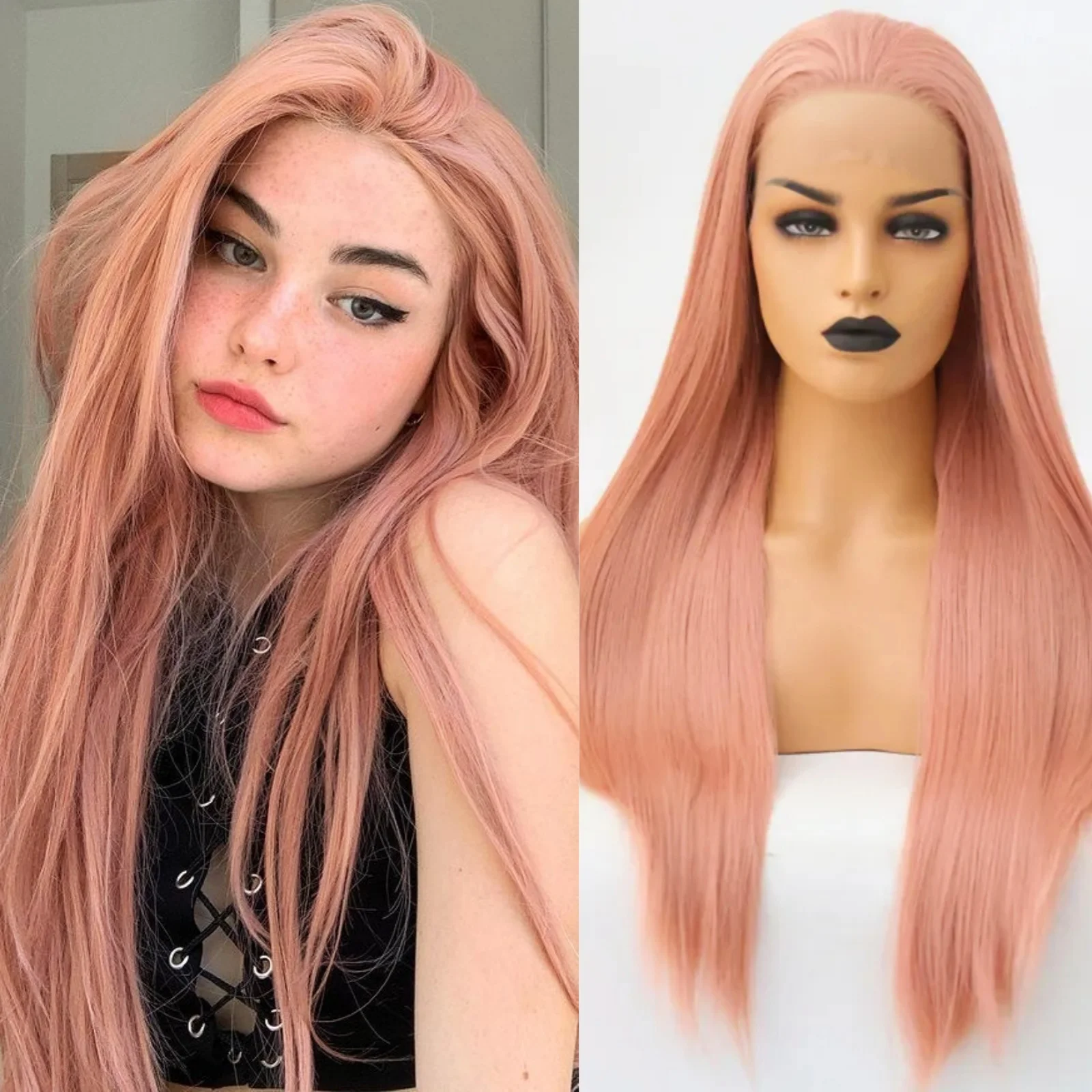 Pastel Pink Long Straight Synthetic Lace Front Wig Glueless Frontal Light Pink Colored Hair Lace Wigs For Women Party Cosplay Womens Synthetic Wigs