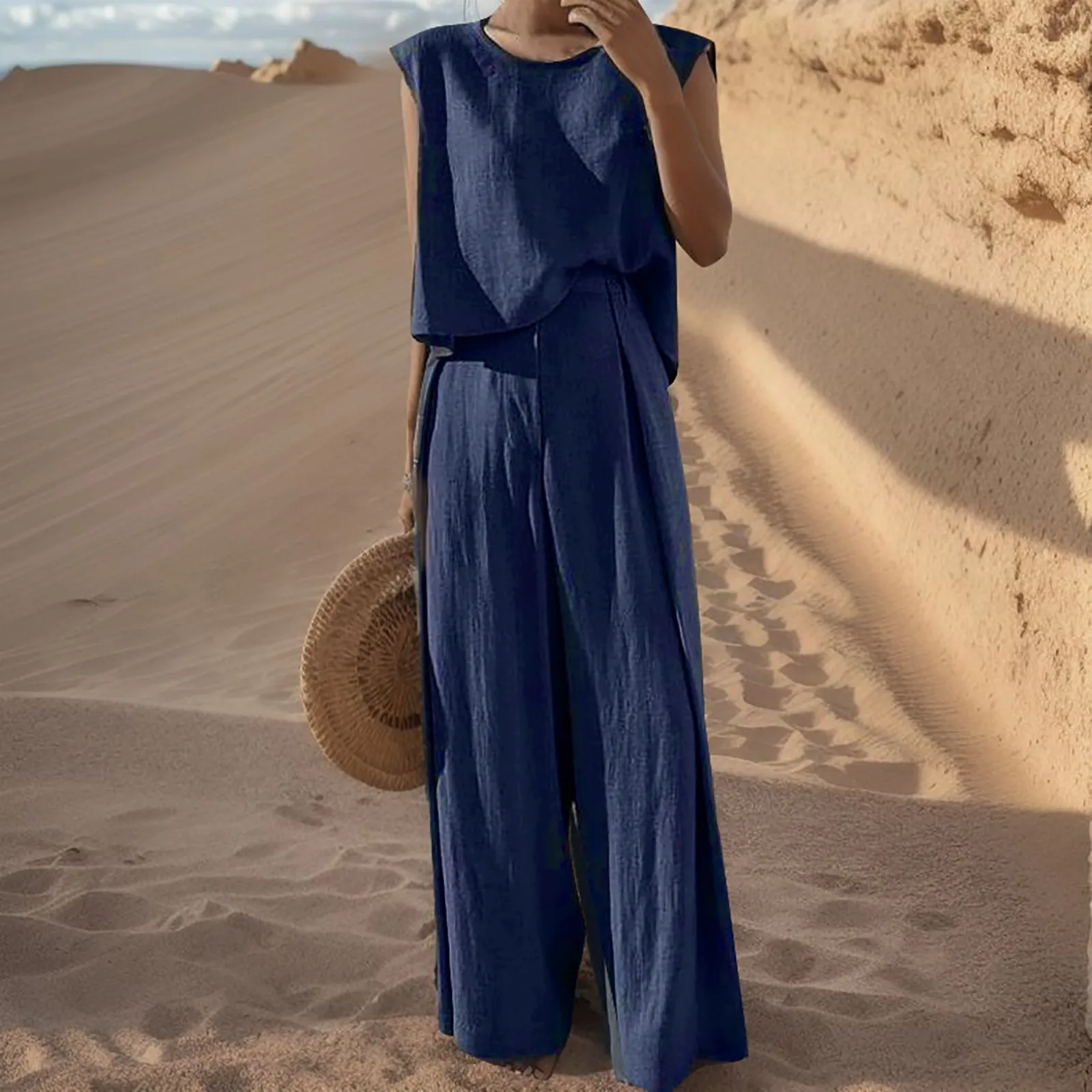 

Womens Fashion Casual Two Piece Set Loose Solid Colour Round Neck Sleeveless Blouse High Waist Wide Leg Long Trousers Suit