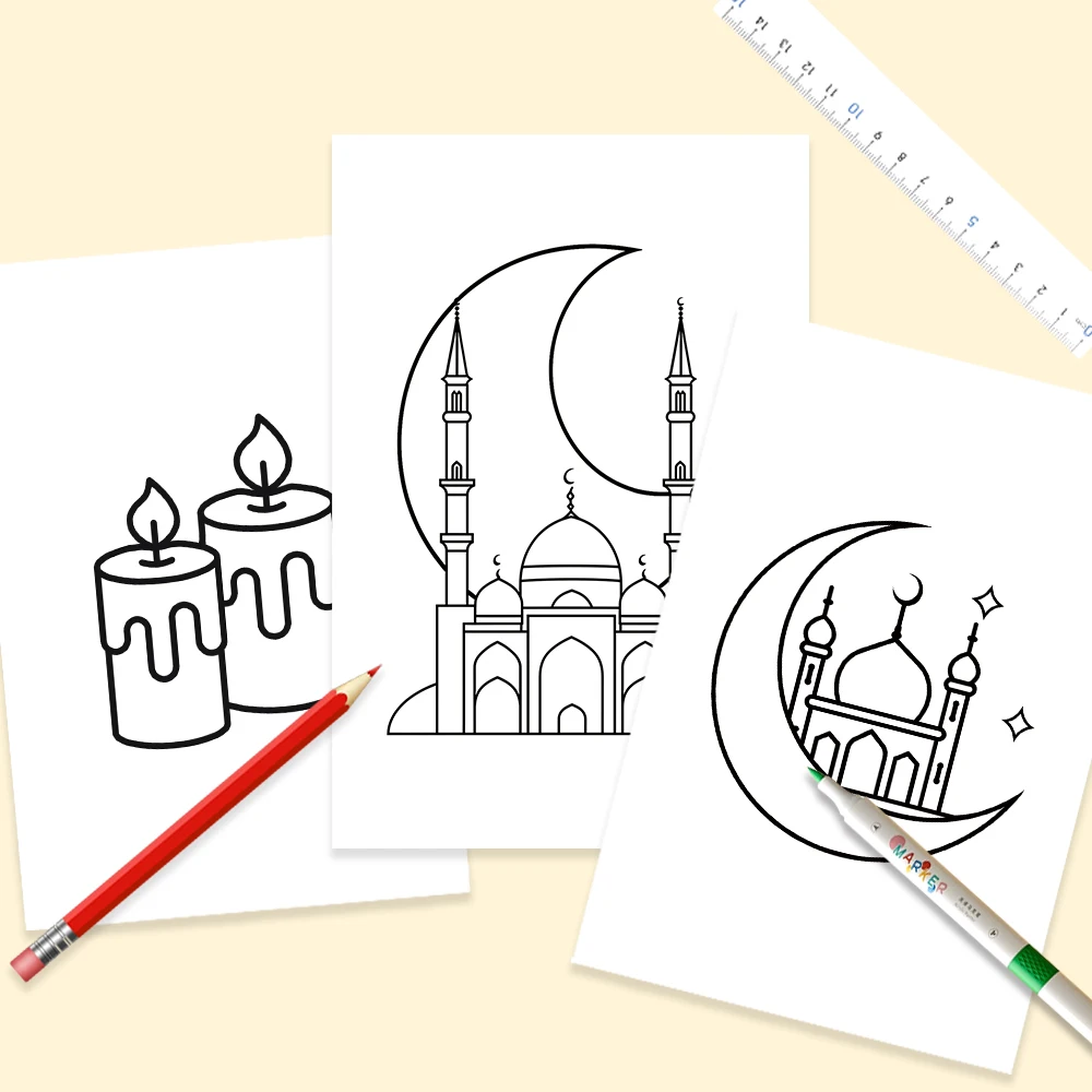 32pcs, Eid Doodle Colouring Cards, DIY Colouring Cards, Eid Painting Cards, Moon, Stars, Lanterns Family and Party Activities 4
