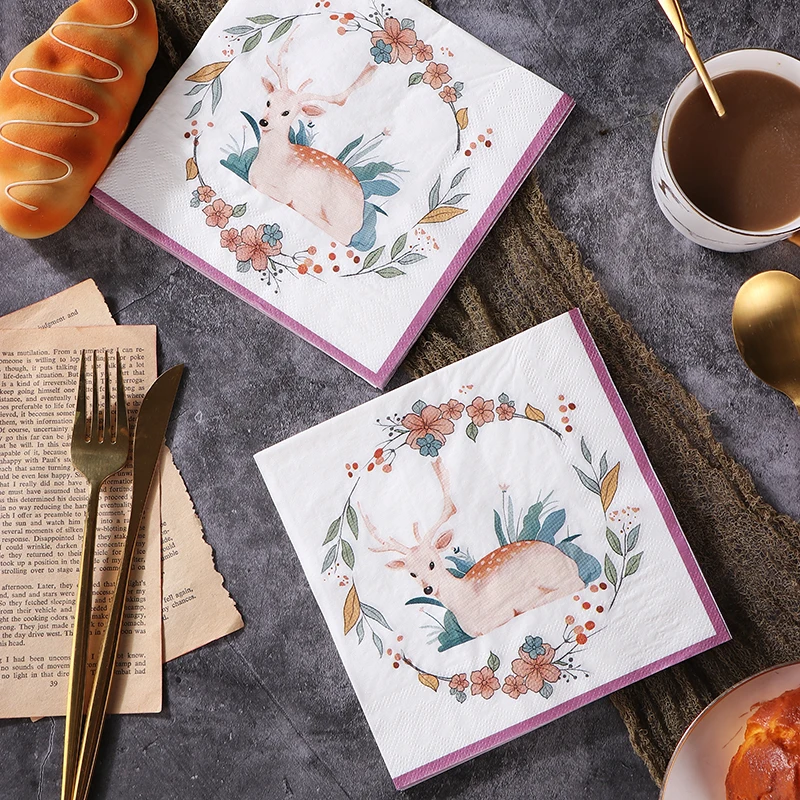 

New Colorful Plum Deer Printed Paper Napkins Forest Party Pure Wood Pulp Paper 20pcs/pac Food Grade Wine Glass Folding Paper