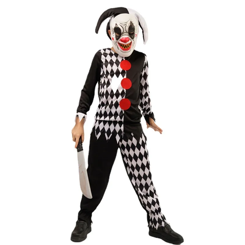 

Black And White Check Boys Halloween Circus Clown Costume Kids Children Evil Joker Droll Cosplay Carnival Purim Role Party Dress