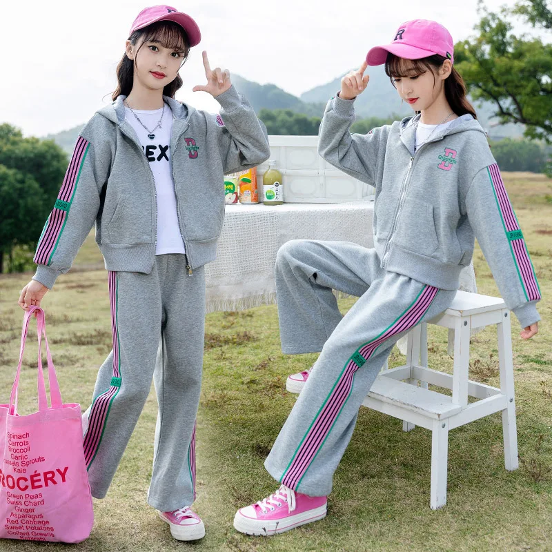 

Spring Autumn Girls Alphabet Embroidery 3D Stripes Zip Sweat Jacket+Sweatpant School Kids Tracksuit Child Jogger Outfit 3-16 Yrs