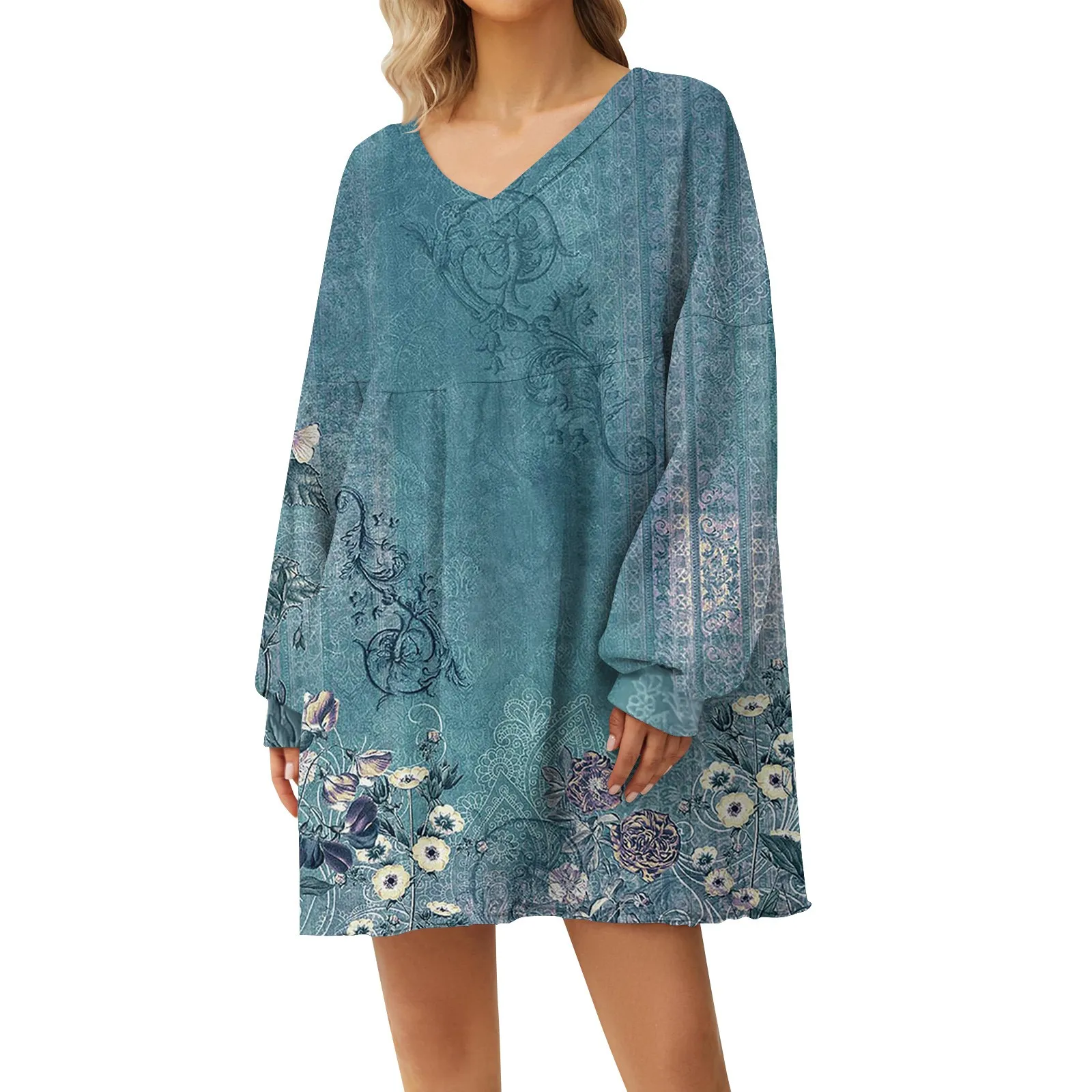 

Vestidos Liquidación Women's Fashion Casual Floral Print Large Sweatshirt V-Neck Long Sleeve Loose Dress Zevity فساتين للحفلات