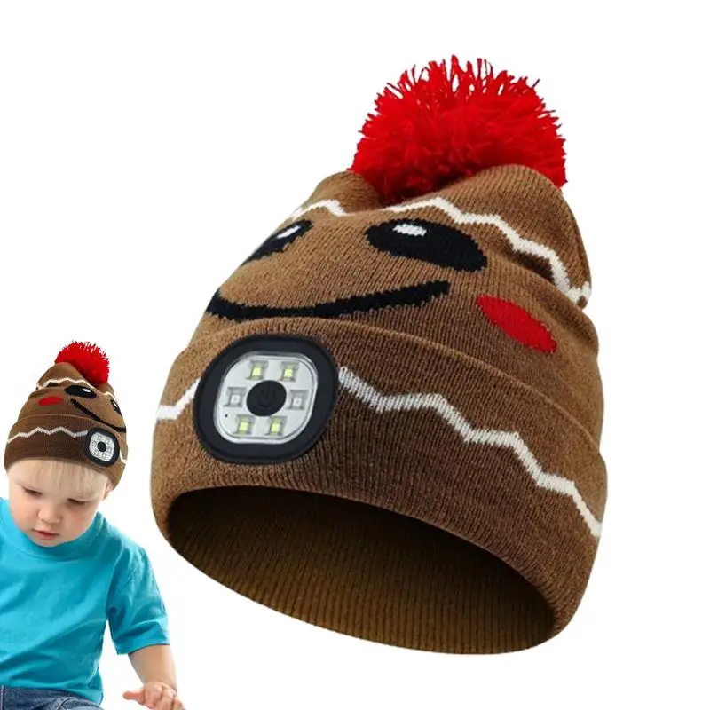 

Knitted Hats With LED Light Rechargeable Cute Knit Hats For Kids Washable Light Up Winter Headlamp Caps With Fur Ball Removable