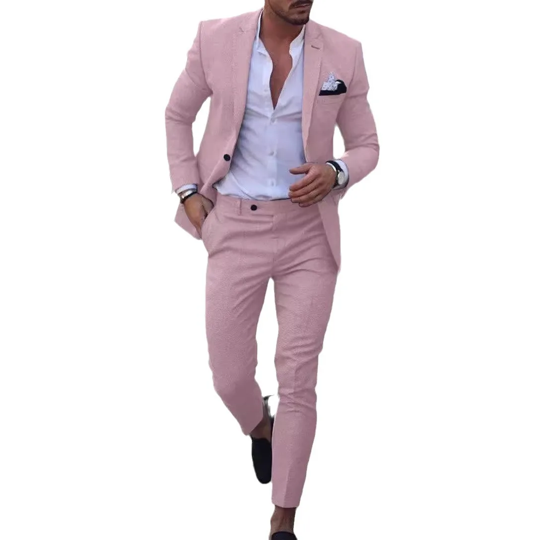 Mens 2-piece Pant Suits Spring Summer Single One Button Linen Solid Blazer Jacket Smart Casual Wedding Business Commuting Suit