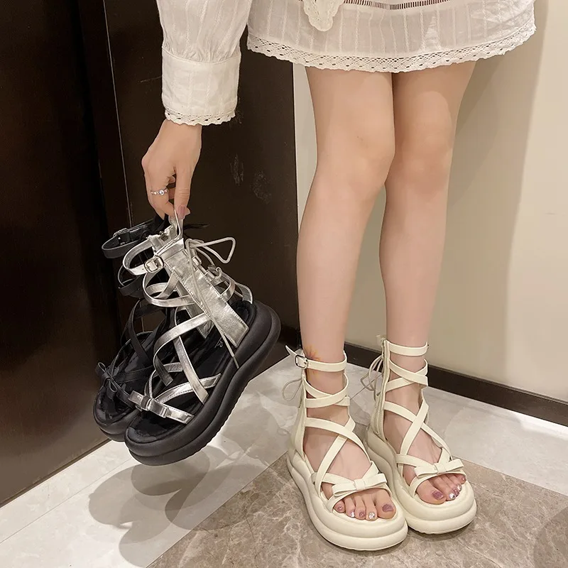 Comfort Sandales for Women Black Platform Sandals with Med Heel Female Beige 2024 Summer GladiatorPlatform Cross Belt Sandals