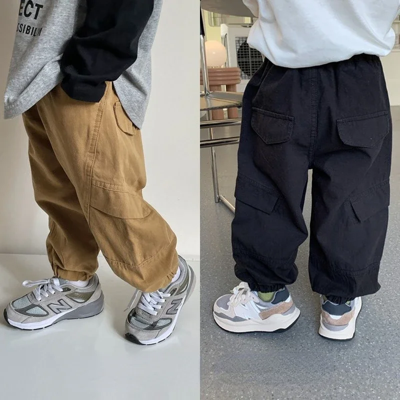 Spring Kids Pants Korean style handsome patchwork cargo pants Boys cotton loose trousers