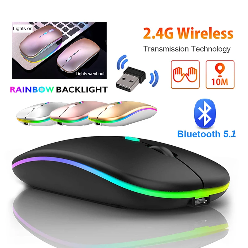 Wireless Mouse 2.4Ghz Bluetooth Rechargeable Mouse Silent LED Backlit USB Gaming Mouse 1600DPI Mice for Compter PC Laptop