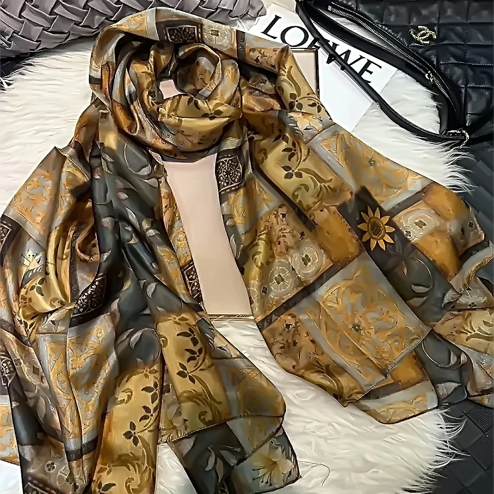 

BYSIFA|New Brand Coffee Gold Silk Scarf Shawl Fall Winter Accessories Women Long Scarves Hijabs Summer Beach Shawls Foulard