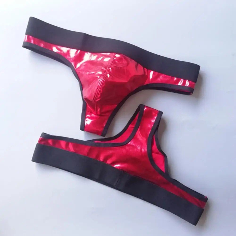 

Men Club Panties Elasticity Contrast Color Men Nightclub Thong Quick Dry Glossy Surface Low Waist Faux Leather Underwear