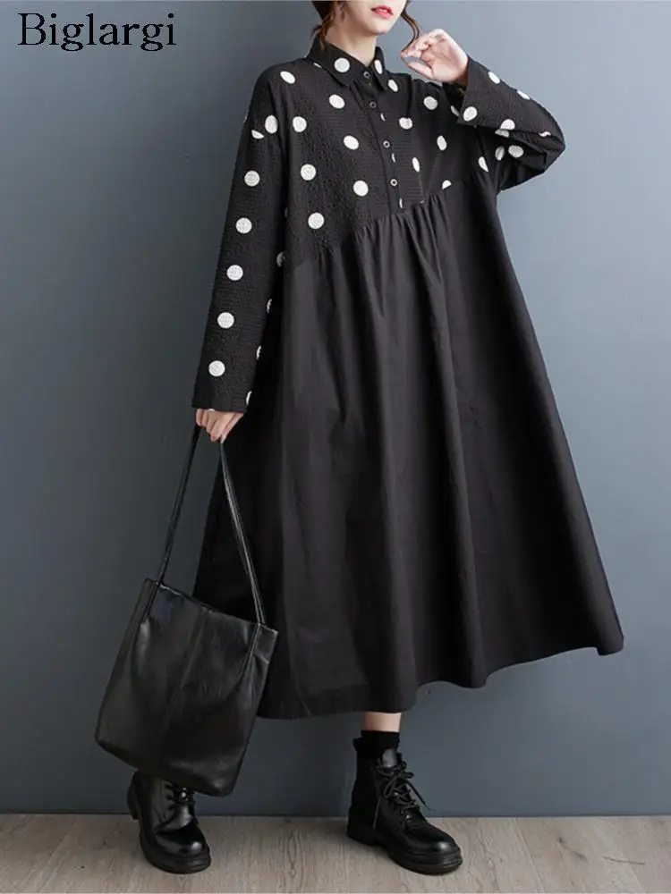 

Oversized Autumn Long Dress Women Polka Dot Print Patchwork Fashion Ladies Dresses Loose Ruffle Pleated Long Sleeve Woman Dress