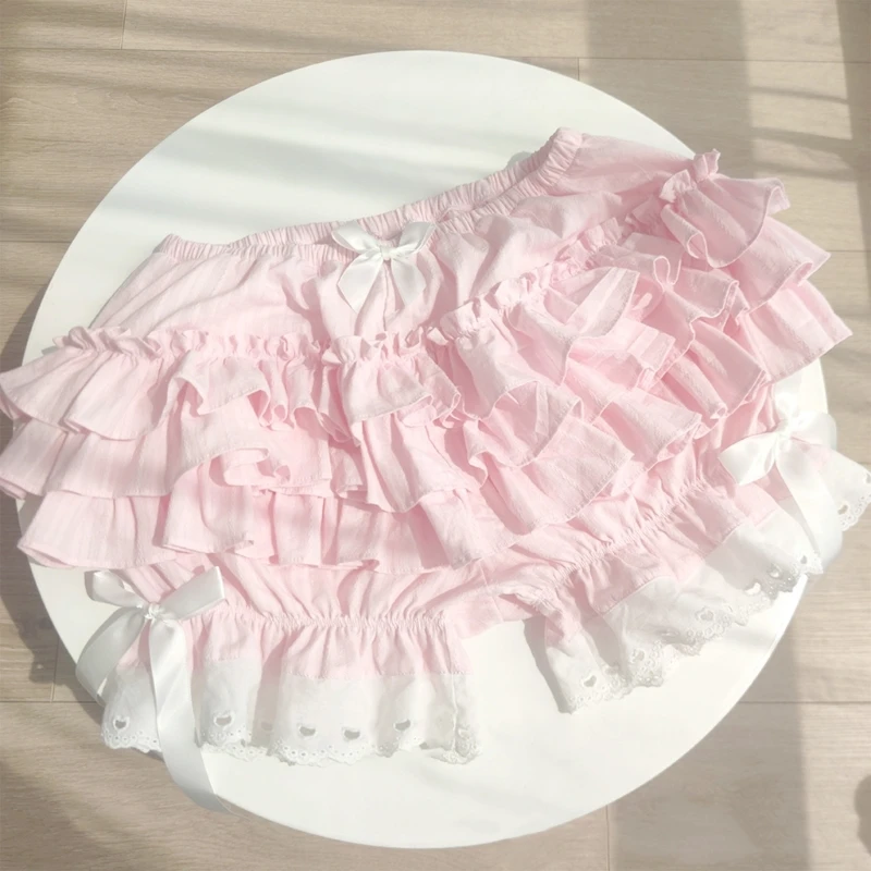 Sweet Layered Ruffled Lace Pink Pumpkin Shorts for Women Girls Japanese Vintage Victorian Bowknot Bloomers Pant