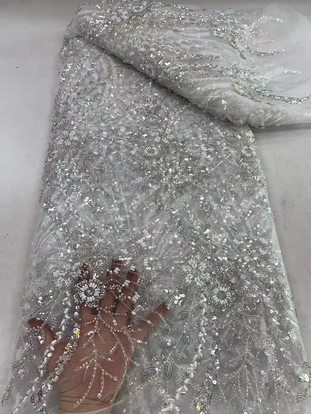 High-Quality African Sequined Beaded Lace Fabric Nigerian Embroidered Cotton Handmade 5Yards for Women's Party Dresses