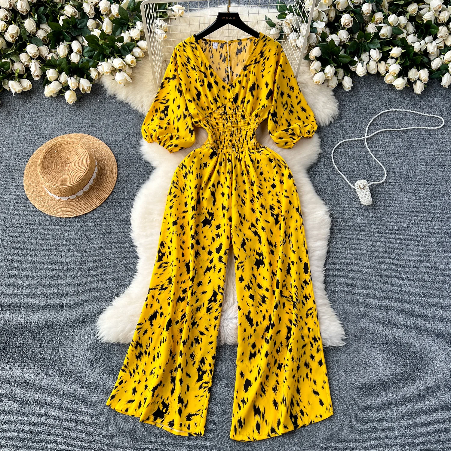 

Chic elegant V Neck puff Sleeve Top Jumpsuit Vintage High Waist Casual Beach Wide Leg Pants Summer Women Playsuit