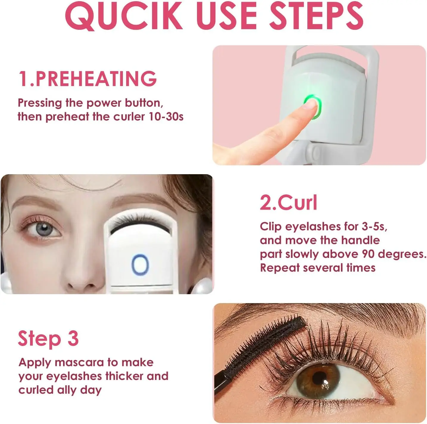 Electric Heated Eyelash Curler USB Rechargeable Portable Eyelash Perm Curler Fast Heating Long Lasting Thermal Curls Makeup Tool