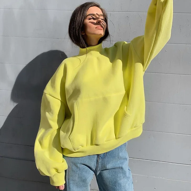 Sweet Candy Color Sweatshirt Loose High Collar Casual All-match Solid Color Top New Ladies Autumn Spring Fashion Street Clothing