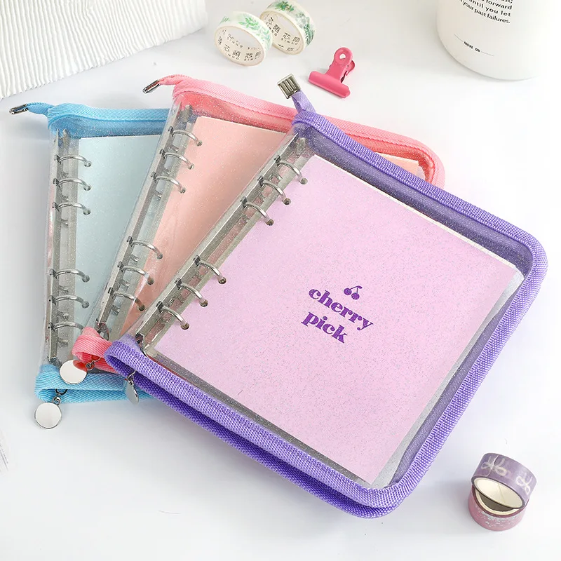 1 PC Zipper Binder Cover-Loose Leaf Notebook Diary Transparent PVC Case Photo Organizer Stationery School Stationery Notebooks