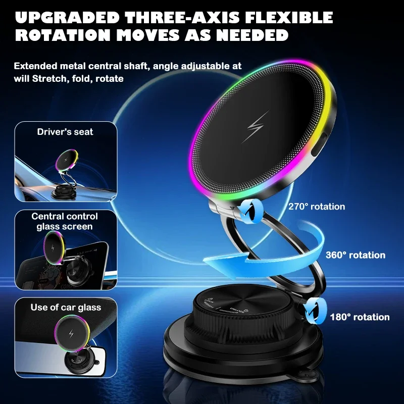 RGB Vacuum Suction Wireless Car Charger & Magnetic Phone Holder