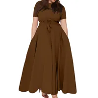 Women's Large Size Dresses Casual Fashion Elegant Matching Dress Simple Solid Round Neck Short Sleeve Pocket Big Swing Dress 6XL - Image 4