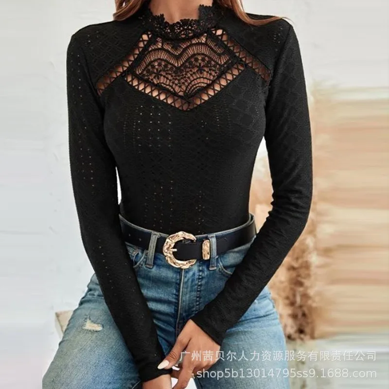 

2023 Women's New T-shirt Top Autumn Sexy Lace Hollow Out Slim Fit T-shirt Women's Fashion Long Sleeve Round Neck Elegant T-shirt