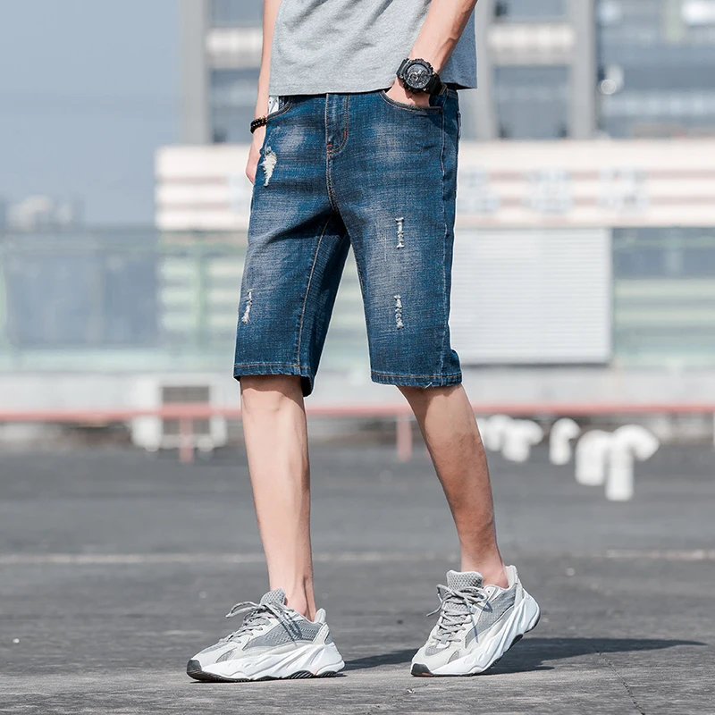 Vintage Stylish Hole Denim Shorts Summer Loose Straight Men's Clothing Korean Zipper Youthful Vitality Pockets Basic Knee Pants
