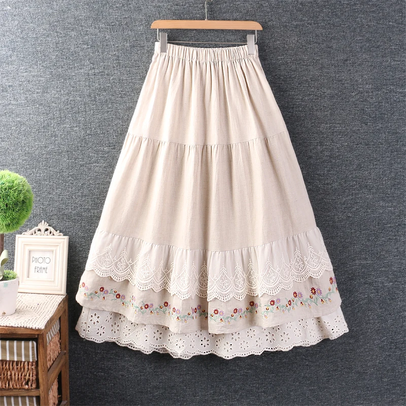 Vintage Linen Cotton Skirts Summer Japanese Embroidery Long Mori