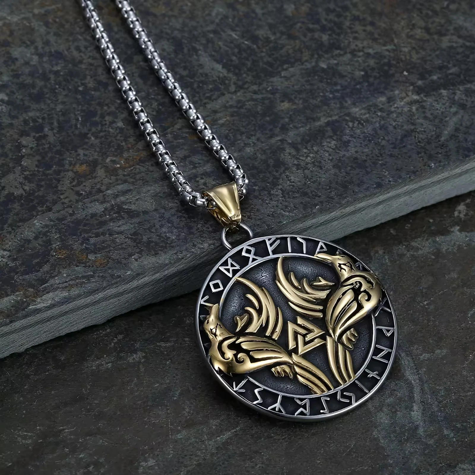 vintage stainless steel jewelry ，The Twin Ravens Pendant raven skull compass viking necklace pendant