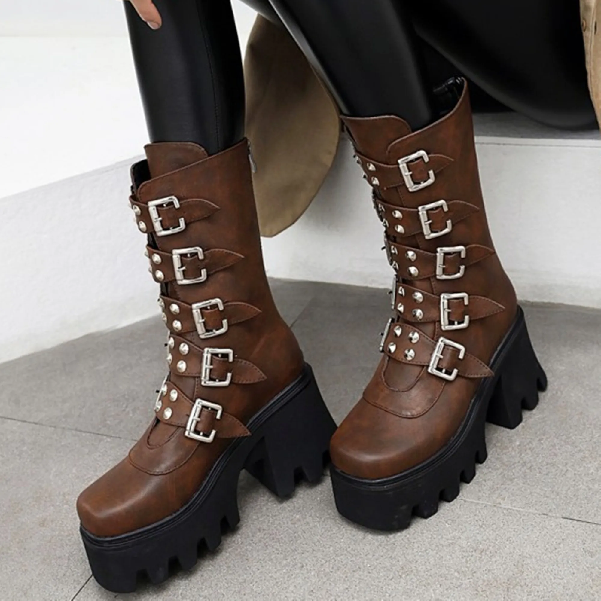 

【ENMAYER】 Double Row Rivet Round Head Street Motorcycle Boot Super Thick Bottom Super High Waterproof Punk Unisex Women's Boot